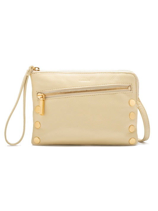 The Hammitt Los Angeles Nash Small Clutch in Dawn features a beige pebbled leather design, complete with a zippered pocket and side gold button accents.