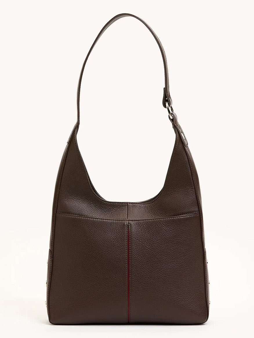 The Hammitt Los Angeles Tim Med Hobo in Espresso Pebble/Silver features dark espresso pebble leather, a single strap, front seam detail, and a minimalist design, shown against a plain background.