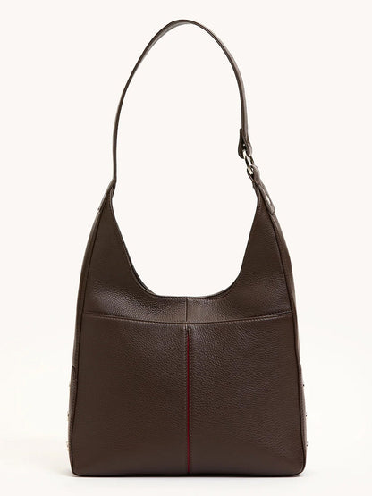 The Hammitt Los Angeles Tim Med Hobo in Espresso Pebble/Silver features dark espresso pebble leather, a single strap, front seam detail, and a minimalist design, shown against a plain background.