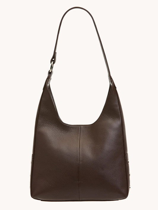 The Hammitt Los Angeles Tim Med Hobo in Espresso Pebble/Silver features dark brown pebble leather, a single shoulder strap, and a minimal design, shown against a plain background.