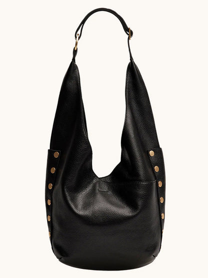 The Hammitt Los Angeles Tom Zip Large in Black/Brushed Gold/Red Zip is a spacious hobo bag with a single shoulder strap and gold-tone stud accents—perfect for stylishly carrying all your daily essentials.