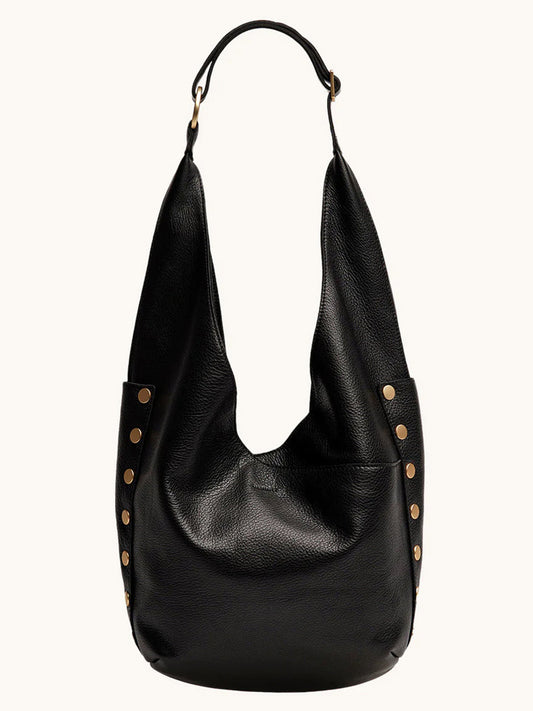 The Hammitt Los Angeles Tom Zip Large in Black/Brushed Gold/Red Zip is a spacious hobo bag with a single shoulder strap and gold-tone stud accents—perfect for stylishly carrying all your daily essentials.