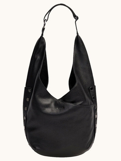 The Hammitt Los Angeles Tom Zip Large in Black/Gunmetal is a black pebbled leather hobo bag with a single shoulder strap and gunmetal rivet accents on the sides.