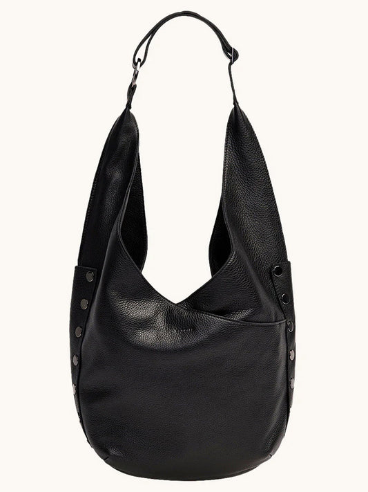 The Hammitt Los Angeles Tom Zip Large in Black/Gunmetal is a black pebbled leather hobo bag with a single shoulder strap and gunmetal rivet accents on the sides.