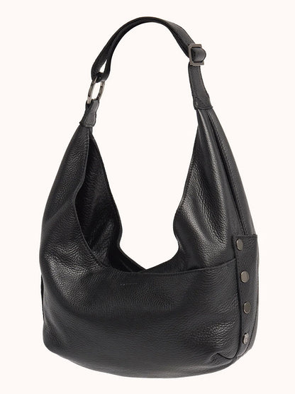 The Hammitt Los Angeles Tom Zip Medium in Black/Gunmetal is a pebbled leather hobo bag featuring a wide adjustable shoulder strap and metal stud detailing on one side, shown against a plain background.