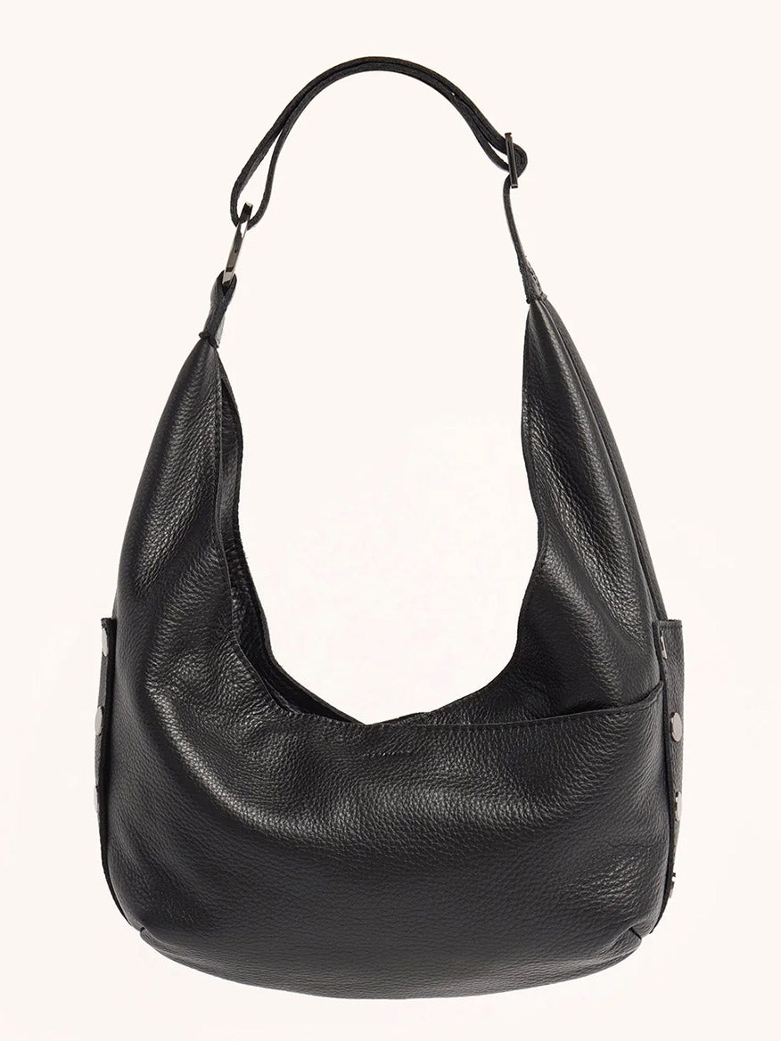 The Hammitt Los Angeles Tom Zip Medium in Black/Gunmetal is a black pebbled leather hobo bag with an adjustable shoulder strap and gunmetal rivet details, shown against a plain light background.
