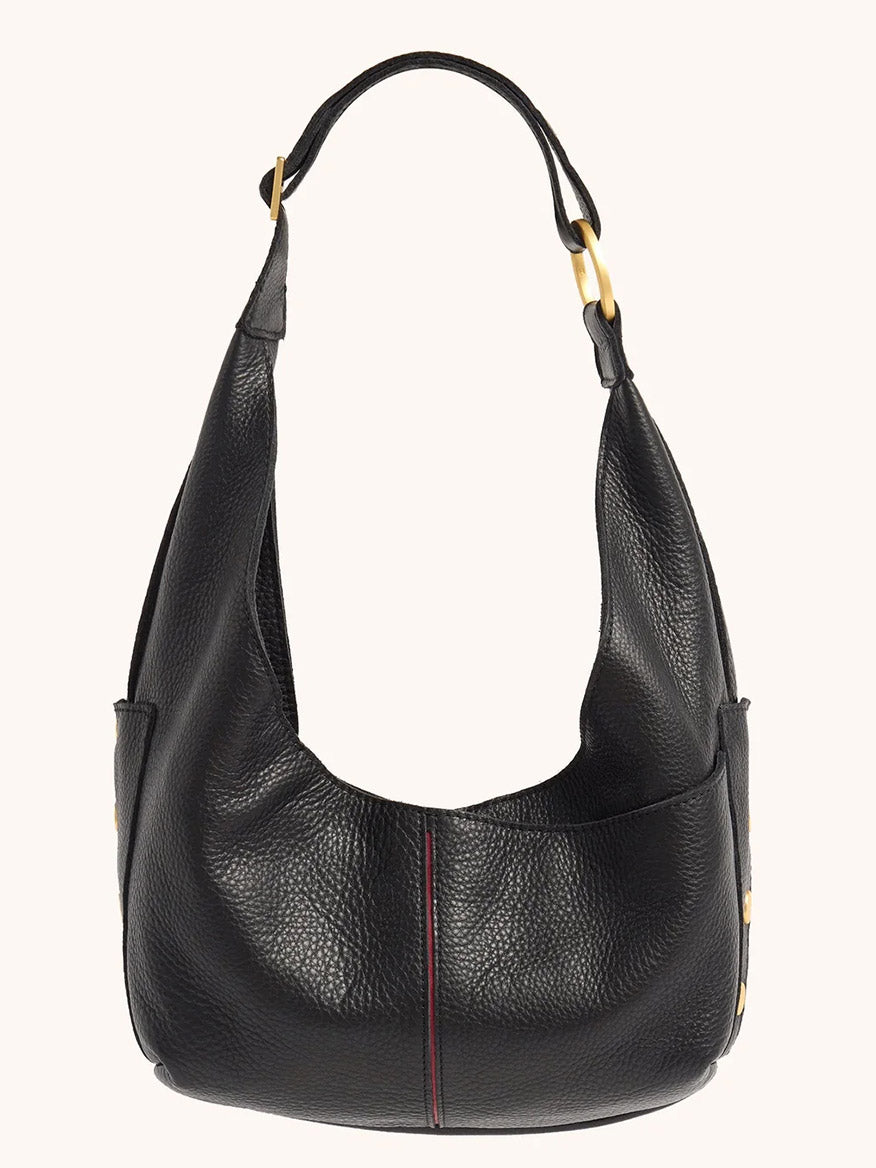 The Hammitt Los Angeles Tom Zip Medium in Black/Brushed Gold & Red Zip is a black pebbled leather hobo shoulder bag with gold hardware and a single wide strap, displayed against a plain background.