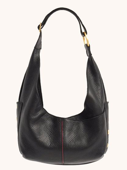 The Hammitt Los Angeles Tom Zip Medium in Black/Brushed Gold & Red Zip is a black pebbled leather hobo shoulder bag with gold hardware and a single wide strap, displayed against a plain background.