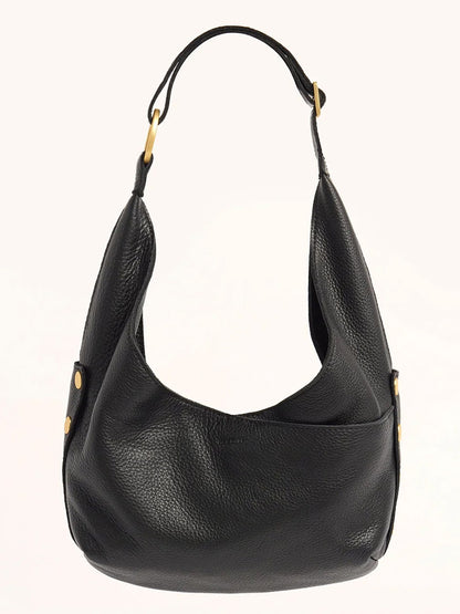 The Hammitt Los Angeles Tom Zip Medium in Black/Brushed Gold & Red Zip is a black pebbled leather hobo bag with an adjustable shoulder strap and gold-tone hardware, shown against a plain neutral background.