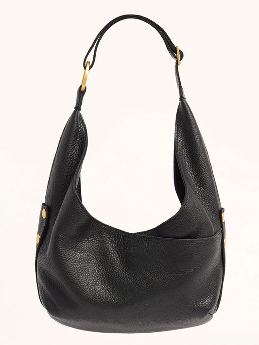 The Hammitt Los Angeles Tom Zip Medium in Black/Brushed Gold & Red Zip is a black pebbled leather hobo bag with an adjustable shoulder strap and gold-tone hardware, shown against a plain neutral background.