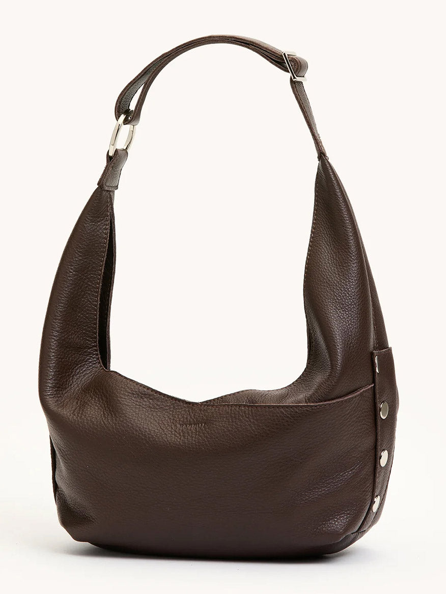 The Hammitt Los Angeles Tom Zip Medium in Espresso Pebble/Silver is a shoulder bag with wide strap, silver buckle, and side snap button details, shown against a plain background.