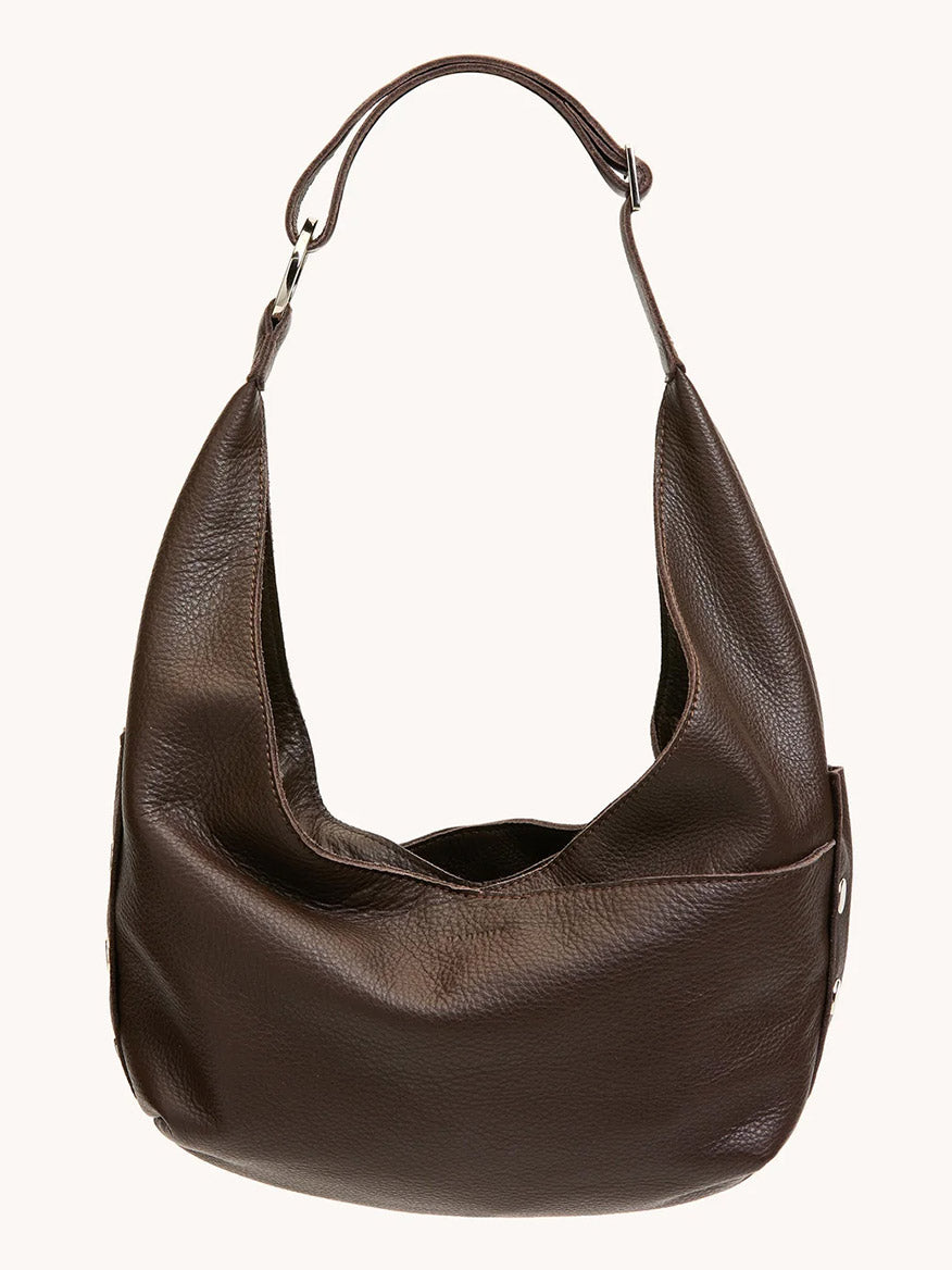 The Hammitt Los Angeles Tom Zip Medium in Espresso Pebble/Silver, a compact hobo bag with a wide strap and slouchy silhouette, is showcased against a plain background.
