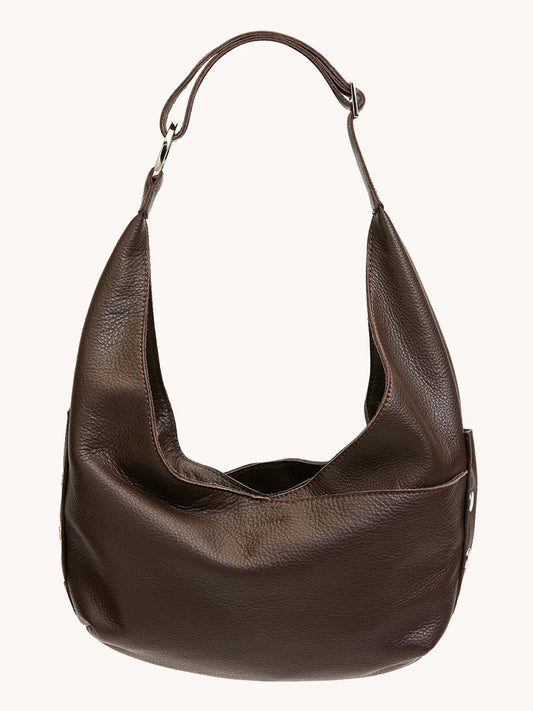 The Hammitt Los Angeles Tom Zip Medium in Espresso Pebble/Silver, a compact hobo bag with a wide strap and slouchy silhouette, is showcased against a plain background.