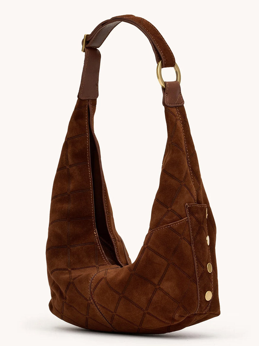 The Hammitt Los Angeles Tom Zip Medium in Chocolate Diamond Suede/Antique Gold features quilted Italian suede, a wide adjustable strap, gold-tone hardware, and decorative side stitching and buttons, shown against a plain background.