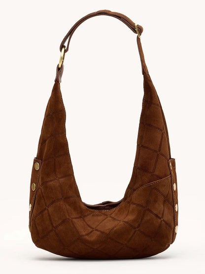 The Hammitt Los Angeles Tom Zip Medium in Chocolate Diamond Suede/Antique Gold features quilted Italian suede, gold-tone side studs, and an adjustable shoulder strap for versatile styling.