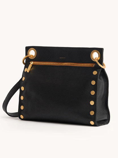 The Hammitt Los Angeles Tony Large Crossbody Bag in North End features black leather, gold studs and hardware, a front gold zipper pocket, and a detachable, adjustable strap.