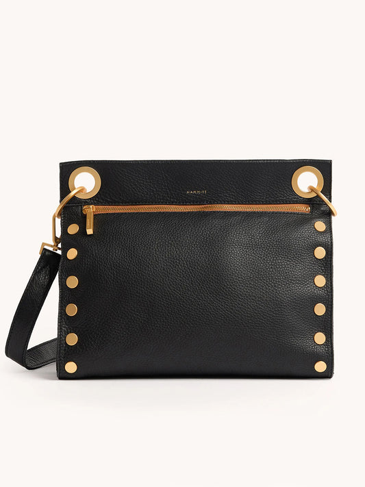 The Hammitt Los Angeles Tony Large Crossbody Bag in North End is a sleek black leather bag with a gold zipper, gold rivet accents, and an adjustable strap for effortless style and comfort.