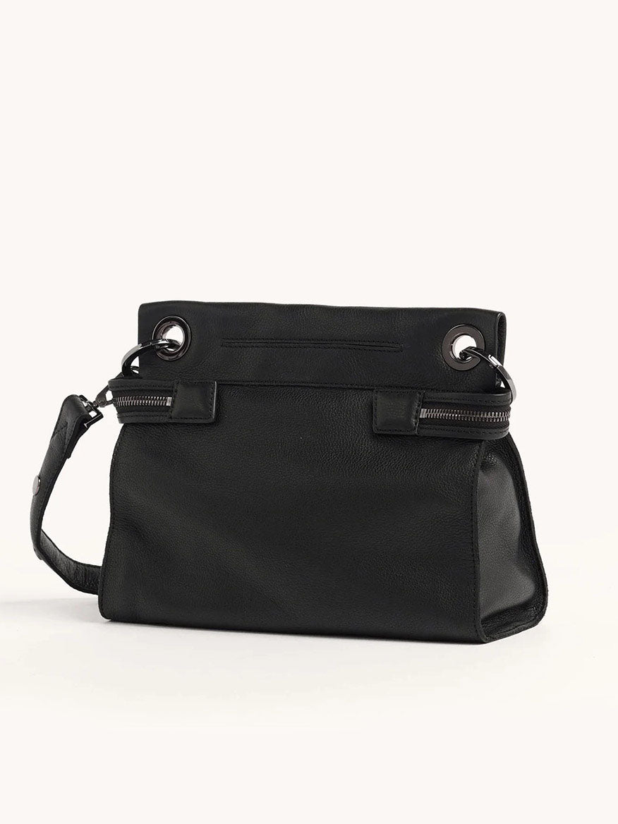 Hammitt Los Angeles Tony Signature Medium Crossbody in Black & Gunmetal features black pebbled leather, metal eyelets, zippered pockets, and an adjustable shoulder strap.