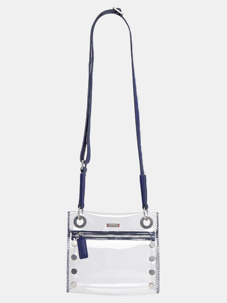 Stadium-approved Hammitt Los Angeles Tony Small Crossbody Bag in Clear Indigo featuring a blue adjustable strap, blue zipper, and silver hardware accents on the front.