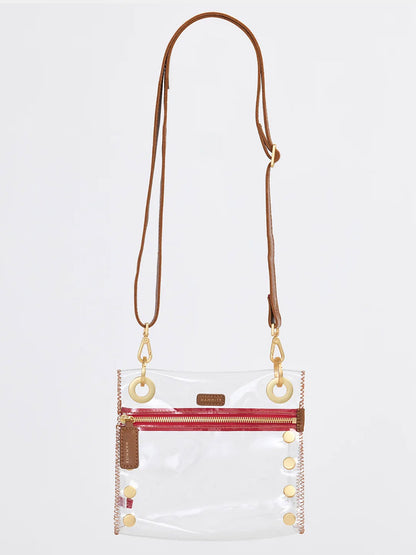 The Hammitt Los Angeles Tony Small Crossbody Bag in Clear Mahogany Pebble & Red Zip features a stadium-approved clear design, brown leather trim, gold hardware, red zip pocket, and an adjustable crossbody strap for versatile style.