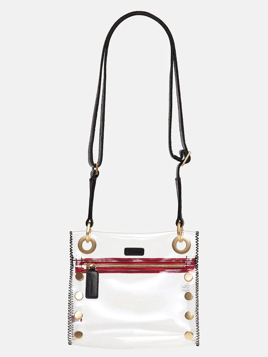 Hammitt Los Angeles Tony Small Crossbody Bag in Clear Black, Brushed Gold, & Red Zip with black strap and red zipper detail.