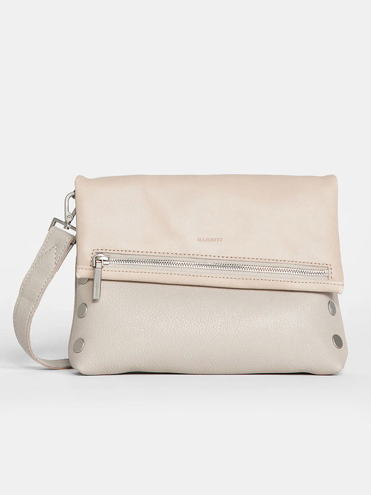 Hammitt Los Angeles VIP Medium Clutch in Paved Grey with wrist strap and front zipper detail on a plain white background.