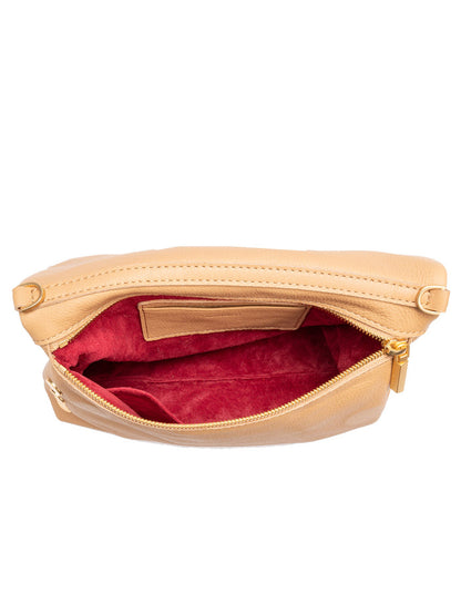 The Hammitt Los Angeles VIP Medium Clutch in Toast Tan has a beige leather exterior, a vibrant red interior, and a removable crossbody strap for versatile style.