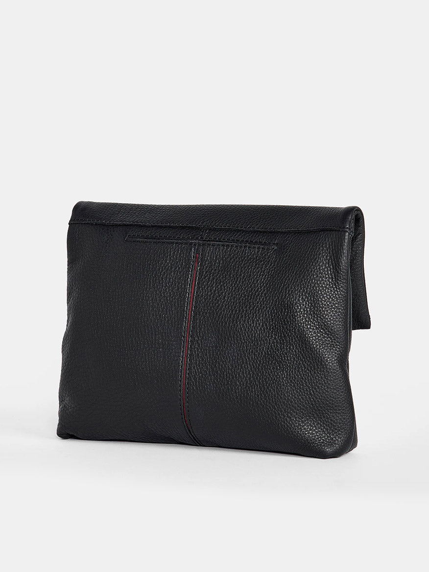 The Hammitt Los Angeles VIP Medium Clutch in Black features a pebbled leather exterior with a folded top flap, a discreet red vertical seam, and an adjustable crossbody strap for ultimate versatility.