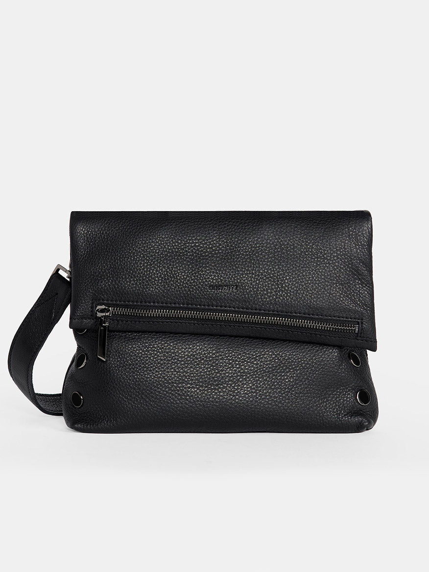 The Hammitt Los Angeles VIP Medium Clutch in Black is a versatile bag made from pebbled leather, showcasing a fold-over flap, a front zipper pocket, and an adjustable crossbody strap for added convenience.