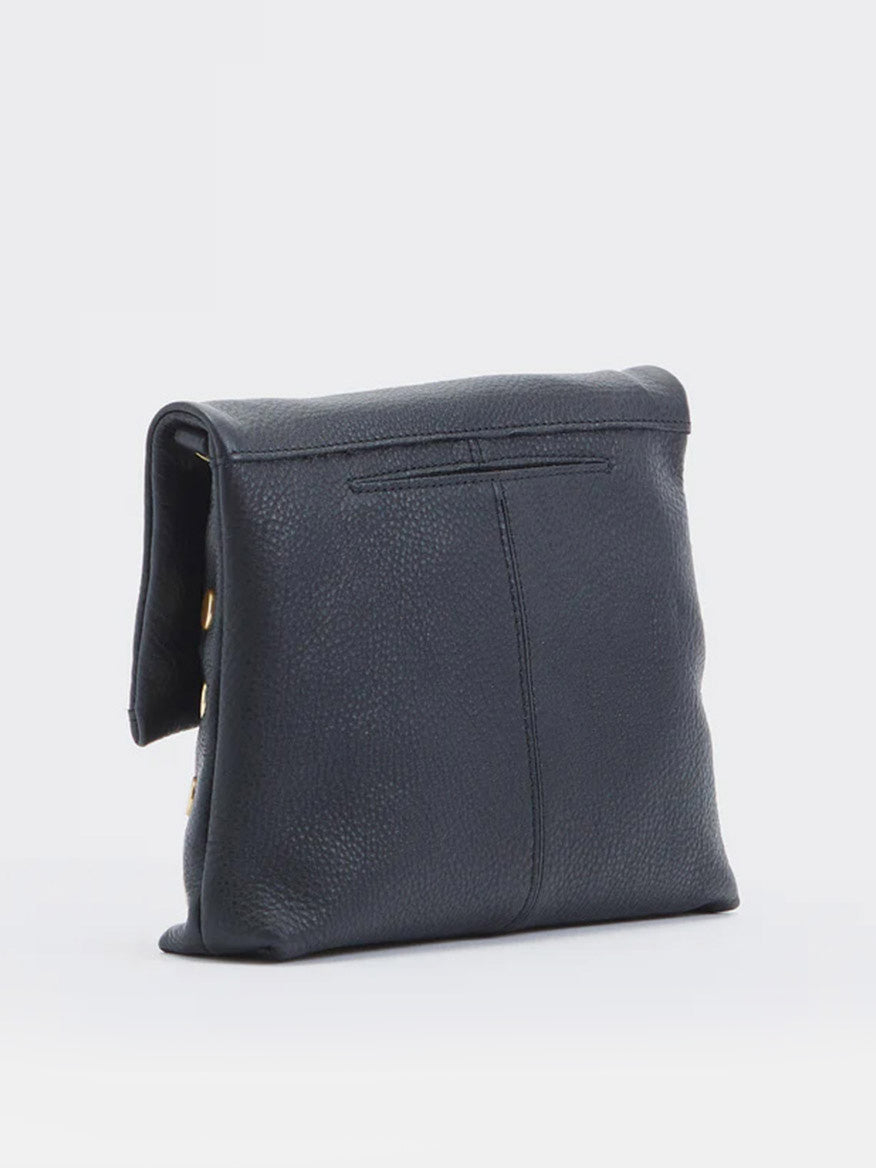 Luxuriate in the elegance of the Hammitt Los Angeles VIP Medium Clutch in Black, crafted from buttery black leather with a flap closure and adorned with brushed gold hardware, presented against a plain white background.