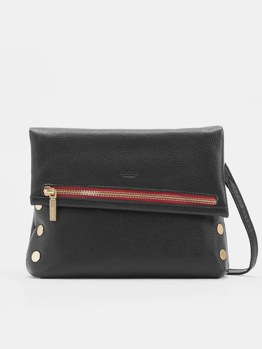 A Hammitt Los Angeles VIP Medium Clutch in Black, this black leather clutch boasts a gold zipper and red lining, featuring four metal studs on each side and a wrist strap. Made from buttery black leather, it's adorned with brushed gold hardware for an added touch of elegance.