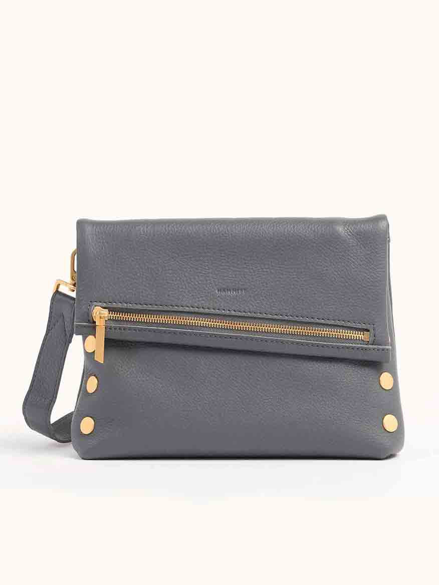 The Hammitt Los Angeles VIP Medium Clutch in Sonnet Grey is made from pebbled leather and includes a strap, gold zipper, and refined gold rivet details.