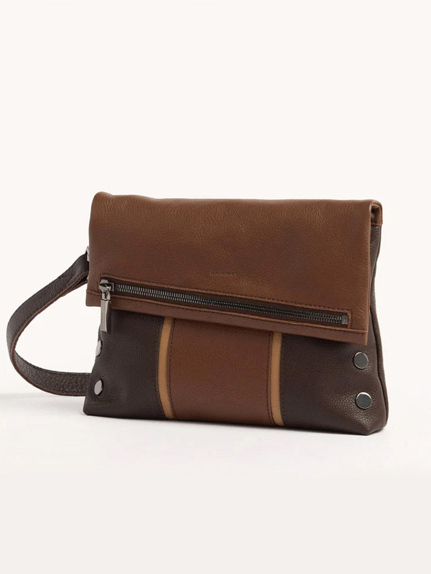 Hammitt Los Angeles VIP Medium Clutch in Orchestra Brown made from leather, featuring a wrist strap, a front zipper pocket, and silver button accents. It also includes an exterior phone pocket for convenient access while on the move.