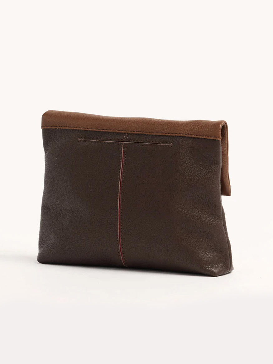 Hammitt Los Angeles VIP Medium Clutch in Orchestra Brown, crafted from brown leather with a folded top and visible center seam, and designed with an exterior phone pocket for added convenience.