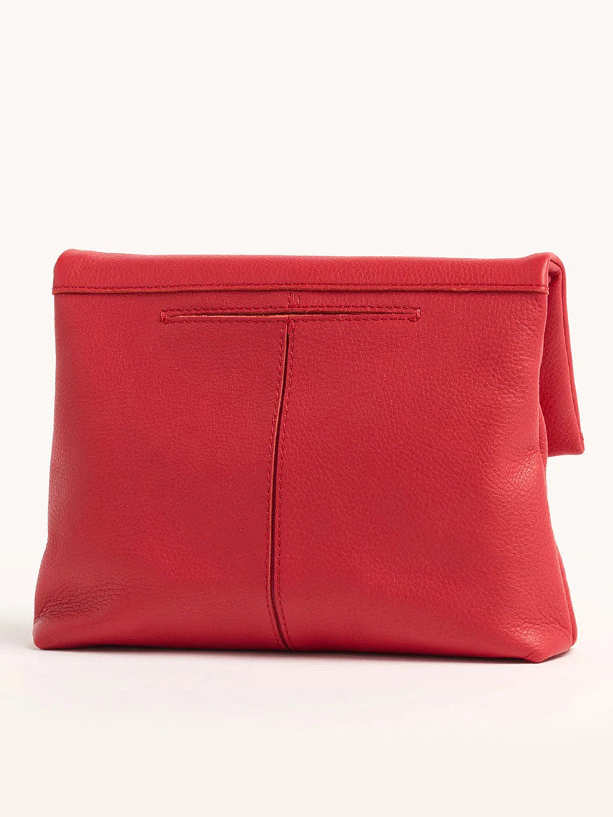 The Hammitt Los Angeles VIP Medium Clutch in Poppy Red is a leather fold-over design with a top seam, offering a simple, sleek look.