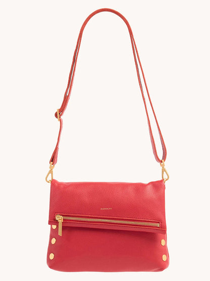 Hammitt Los Angeles VIP Medium Clutch in Poppy Red, featuring a front zipper pocket and gold-tone hardware, exudes elegance as a leather crossbody bag.