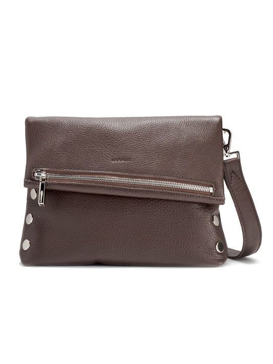 The Hammitt Los Angeles VIP Medium Clutch in Espresso Pebble/Silver features a front zipper pocket, silver metal stud accents, and a detachable wrist strap for versatile style.