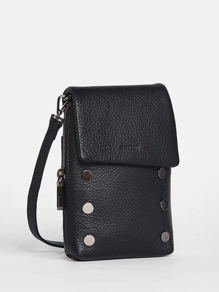 Hammitt Los Angeles VIP Mobile in Black crossbody bag with a flap cover, branded front, and metallic snap buttons, displayed against a neutral background.