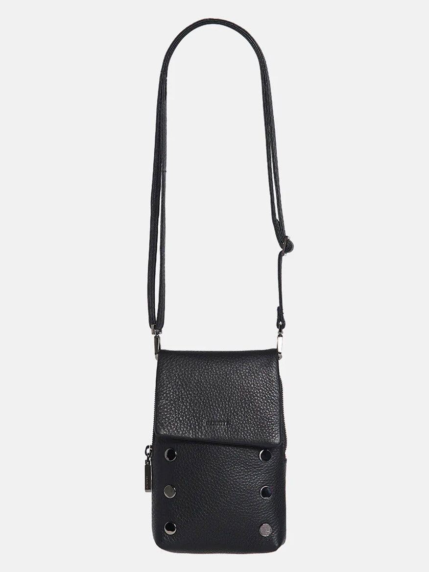 A Hammitt Los Angeles VIP Mobile in Black with a long strap, front flap closure, and decorative silver studs.