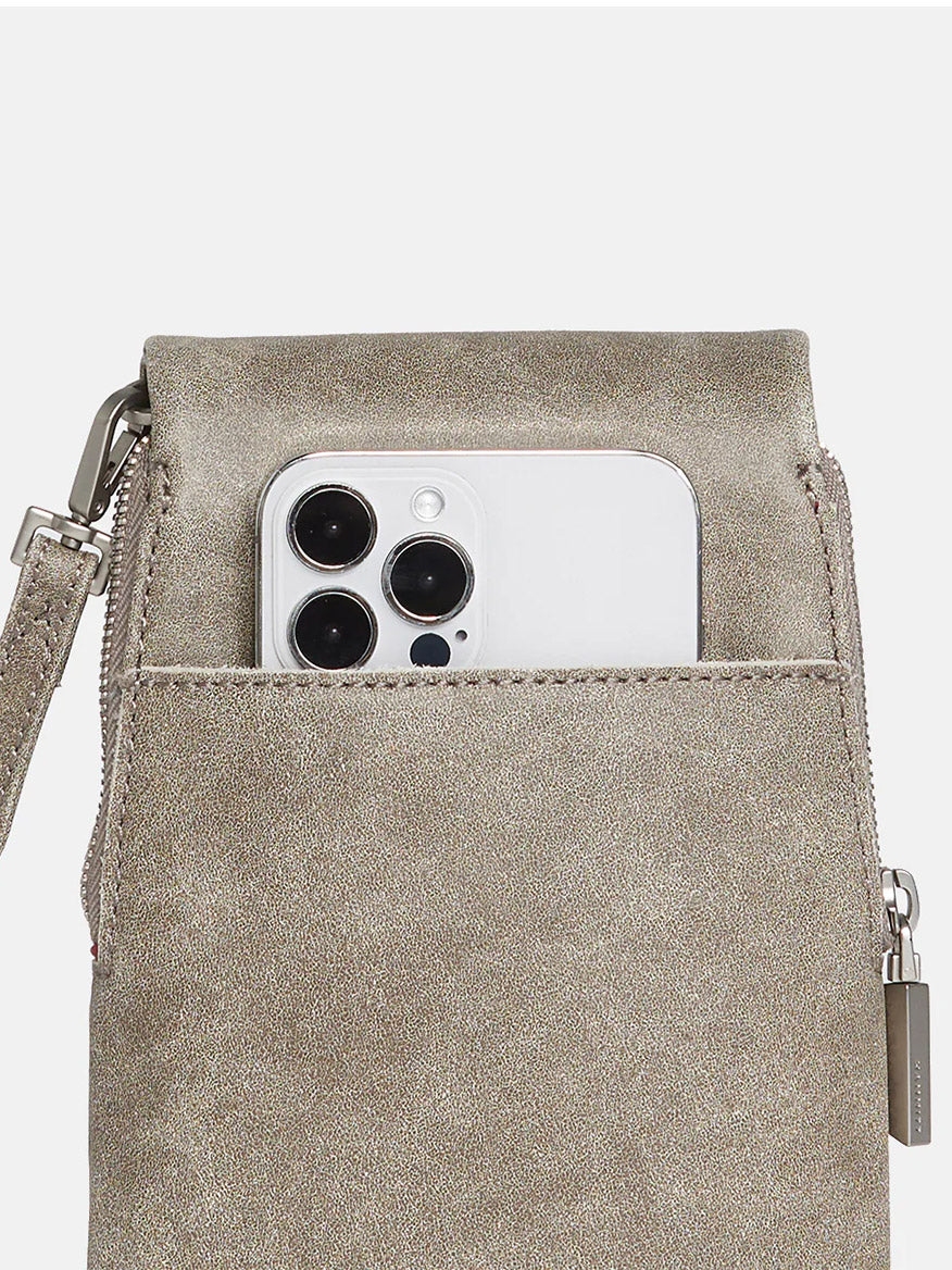 Hammitt Los Angeles VIP Mobile in Pewter with three cameras protruding from a crossbody bag's pocket.
