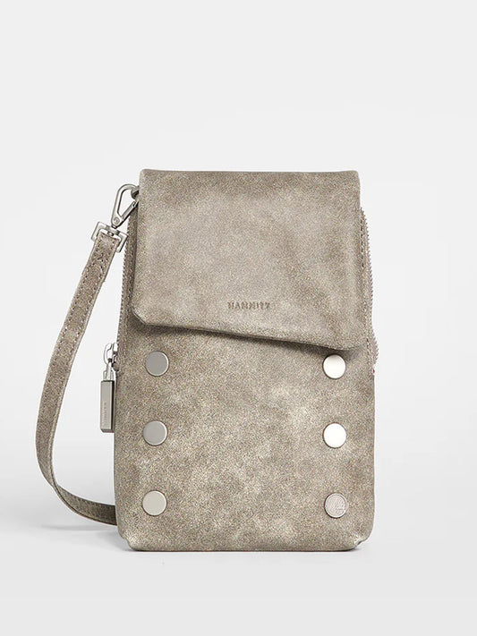 A Hammitt Los Angeles VIP Mobile in Pewter leather crossbody bag with a flap closure, adorned with silver studs and a discrete embossed logo.