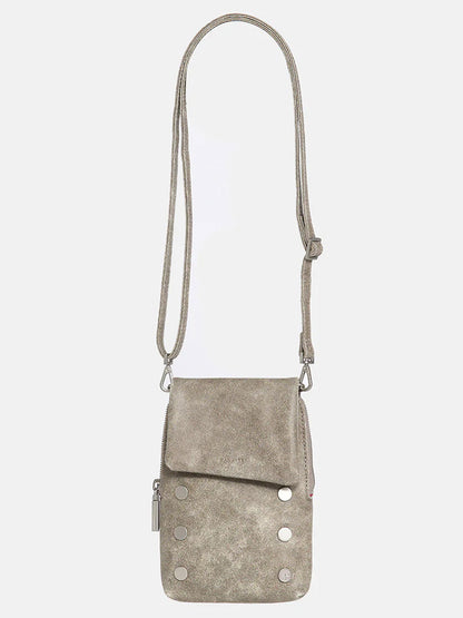 A Hammitt Los Angeles VIP Mobile in Pewter leather crossbody bag with a flap closure adorned with silver studs and an adjustable strap, displayed against a white background.