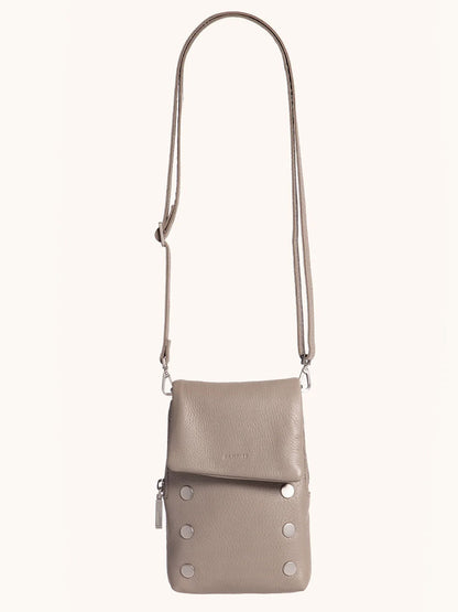 The Hammitt Los Angeles VIP Mobile in Pewter/Brushed Silver is a pebbled leather crossbody bag with an adjustable strap, front flap with six metal studs, and a convenient side pocket for your cellphone.