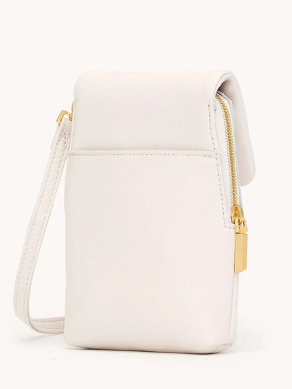 The Hammitt Los Angeles VIP Mobile in Calla Lily White/Brushed Gold, a small white pebble leather wristlet bag with a gold zipper and rectangular pull tab, is photographed against a plain light background.