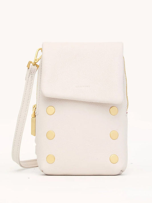 The Hammitt Los Angeles VIP Mobile in Calla Lily White/Brushed Gold is a small, white pebble leather crossbody bag with a flap closure, gold button accents, and a wrist strap, shown against a plain background.