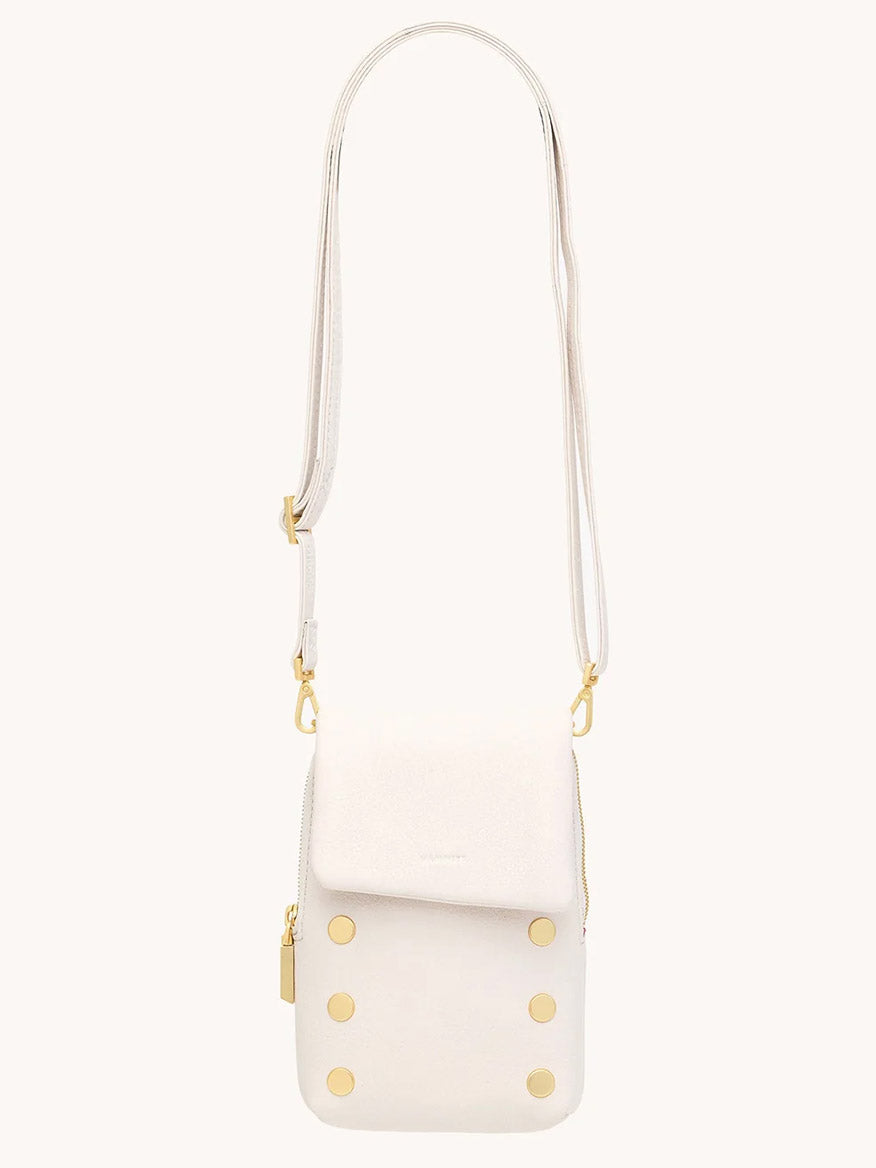 The Hammitt Los Angeles VIP Mobile in Calla Lily White/Brushed Gold is a small white pebble leather crossbody with an adjustable strap, gold hardware, snap closure, and six gold studs—ideal for carrying your essentials.