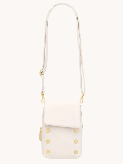 The Hammitt Los Angeles VIP Mobile in Calla Lily White/Brushed Gold is a small white pebble leather crossbody with an adjustable strap, gold hardware, snap closure, and six gold studs—ideal for carrying your essentials.