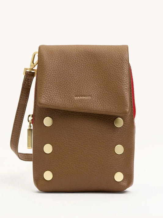 Carry the Hammitt Los Angeles VIP Mobile in Mahogany Pebble/Brushed Gold/Red Zip—featuring pebbled leather, gold studs, wrist strap, cellphone pocket, and a standout red zip—as your chic crossbody for any occasion.