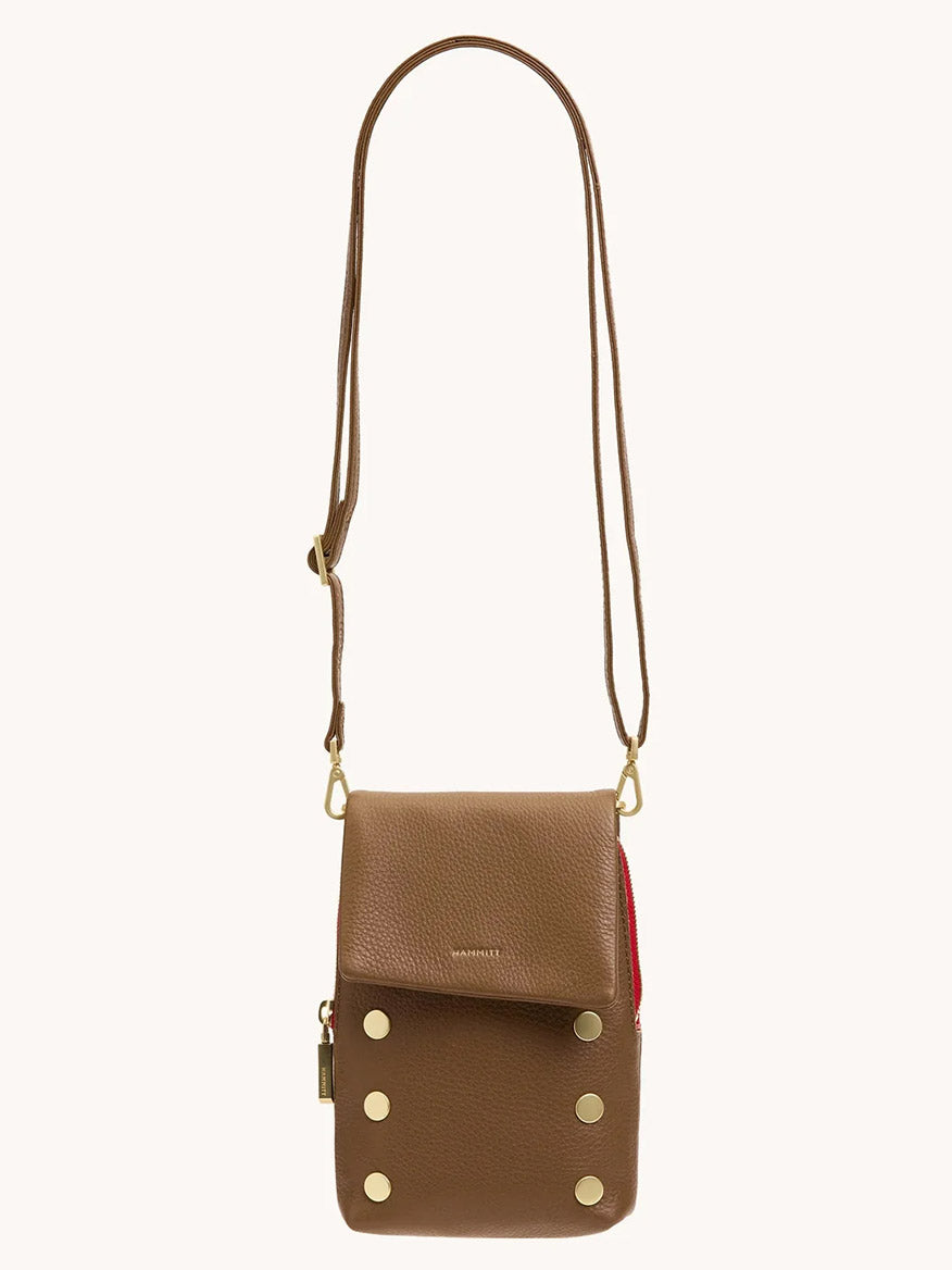 The Hammitt Los Angeles VIP Mobile in Mahogany Pebble with brushed gold hardware features an adjustable strap, front flap, six metal studs, a cellphone pocket, and a signature red zip—your perfect crossbody essential.