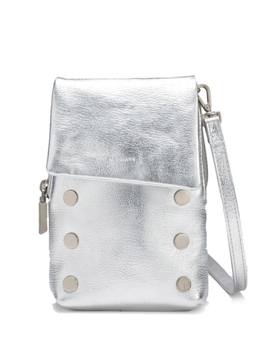 The Hammitt Los Angeles VIP Mobile in Sidewalk Silver is a metallic crossbody with an asymmetrical flap, six silver studs on the front, and a detachable strap—ideal for carrying your essentials.